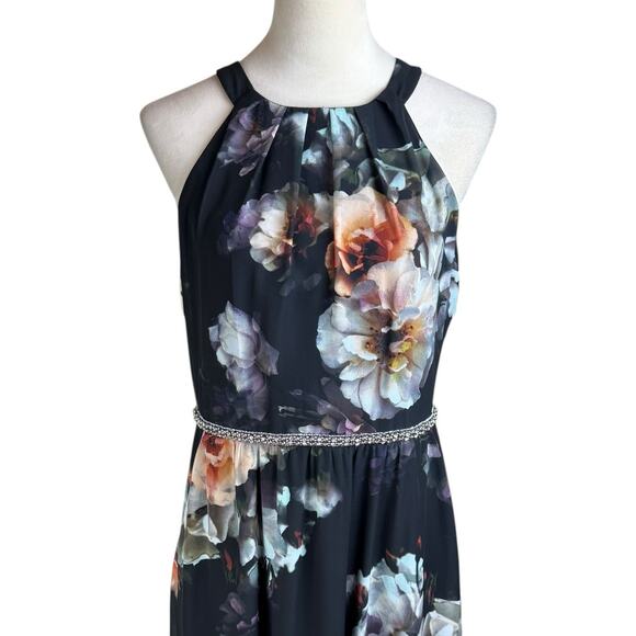 SLNY Black Floral Halter Top Sleeveless Belted Lined Zip Up Maxi Dress Pockets - Picture 4 of 11